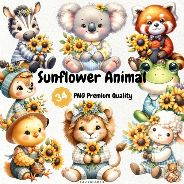 Sunflower Animal, 34 Cute Sunflower Animal PNG Clipart, Sunflower Clipart, Cute Animal Clipart, Flower Clipart, Woodland Animal Clipart