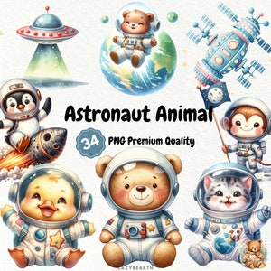 Astronaut Animal, 34 Cute Astronaut Animal PNG Clipart, Astronaut Clipart, Space Birthday Party, Watercolor Cute Space Clipart, Cute Planet