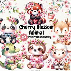 桜の動物、40 種類のかわいい桜の動物 PNG クリップアート、春の花の動物、桜の動物、水彩の桜のクリップアート