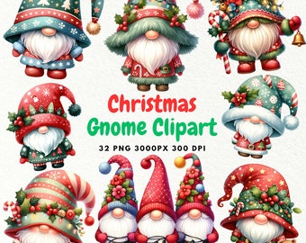May include: A set of 32 digital clipart images featuring Christmas gnomes in various poses and outfits. The gnomes are wearing red, green, and white hats and sweaters with festive details like holly, candy canes, and lights. The gnomes are holding presents, candy canes, and other Christmas-themed items.