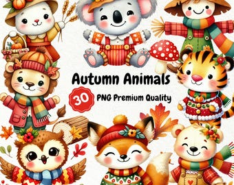 Autumn Animals Watercolor Clipart Set, Fall Forest Creatures, Woodland Animal Illustrations, DIY Scrapbooking, Autumn Decor, Autumn Clipart