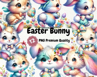 Easter Bunny, 12 Cute Easter Bunny PNG Clipart, Easter Bunny Decor, Cute Rabbit Clipart, Nursery Spring Clipart, Spring Bunny Clipart