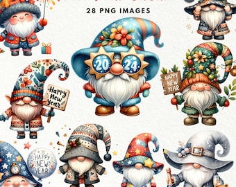 May include: A set of 28 digital illustrations of gnomes wearing festive hats and holding signs that say "Happy New Year". The gnomes are wearing colourful hats with winter and holiday themes. Some gnomes are wearing glasses that say "2024".