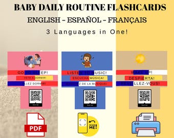 Flashcards sur la routine quotidienne de bébé | Anglais Espagnol Français | Cartes trilingues pour tout-petit avec QR Audio | Tableau de routine imprimable | Apprendre Montessori