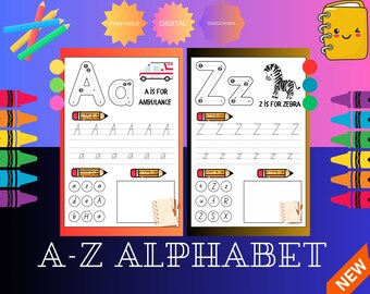 Feuille de travail pour le traçage de l'alphabet – Thème crayon | Traçage de lettres ABC | Pratique de l'écriture manuscrite pour les enfants d'âge préscolaire | Motricité fine | Téléchargement instantané PDF