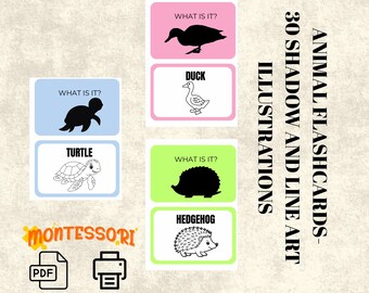 30 cartes-éclair animaux imprimables | Cartes de dessin au trait pour bébés et tout-petits | Apprentissage des animaux Montessori | Flashcards de vocabulaire précoce | Enfants éducatifs