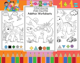 Feuilles de travail sur l'addition de dinosaures | Exercices mathématiques Dino imprimables PDF | Activité mathématique amusante pour la maternelle et la maternelle | Téléchargement instantané