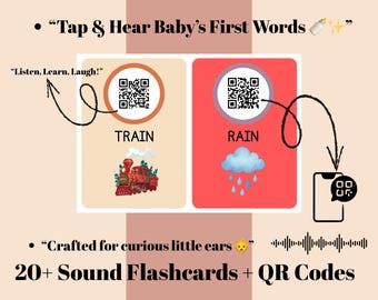 Flashcards Premiers mots de bébé avec sons QR | Cartes mnémotechniques parlantes pour les tout-petits | Apprentissage des langues Montessori | Carte d'éducation préscolaire imprimable