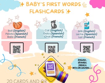 Flashcards Les premiers mots de bébé | Anglais Espagnol Français Cartes d'apprentissage | Imprimable trilingue avec QR son | Activité linguistique Montessori