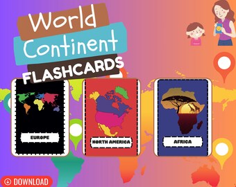 Flashcards du continent mondial | Carte et noms des continents | Cartes d'apprentissage pour enfants | Géographie Montessori imprimable | École à la maison PDF |