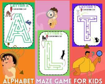 Feuilles d'exercices alphabet labyrinthe pour enfants | Labyrinthes de lettres de A à Z | Activité d'alphabétisation préscolaire | Motricité fine | PDF imprimable | Téléchargement instantané