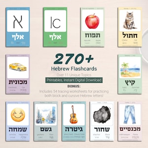 Plus de 270 cartes flash en hébreu à imprimer. Feuilles de calcul pour le traçage de l'alphabet. Israël Aleph Bet. Cadeau juif. Cadeau bar-mitsva israélite. Apprenez l'hébreu.