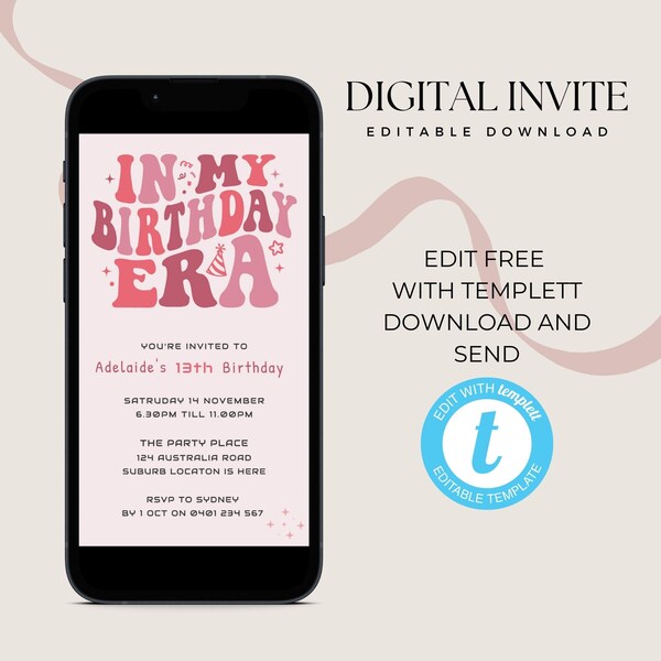 Birthday Eras Invitation Evite editable template, In Her Era, Taylor swift, Digital Download, Editable Digital Template Girls Birthday eVite
