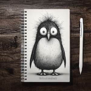 Notepad with penguin, A5, scrapbook, scrapbook, diary, notebook, black and white, pencil sketch, gift, bullet journal, motivation