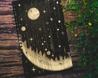 Notepad, scrapbook, scrapbook, diary, notebook, moon, stars, black and white, pencil sketch, gift, friendship, astrology