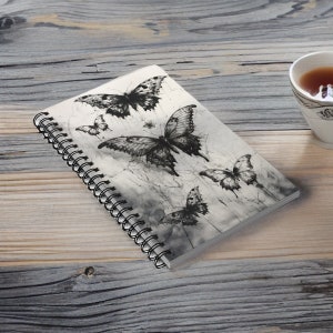 Bloc de notas con mariposa, A5, álbum de recortes, álbum de recortes, diario, cuaderno, blanco y negro, dibujo a lápiz, regalo, diario de viñetas