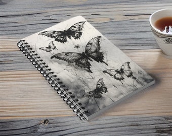 Bloc-notes avec papillon, A5, scrapbook, scrapbook, journal intime, carnet, noir et blanc, croquis au crayon, cadeau, bullet journal