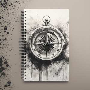 Notepad with compass, A5, scrapbook, scrapbook, diary, notebook, black and white, pencil sketch, gift, bullet journal, compass