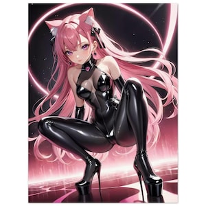 Sexy Anime Cat Girl in Latex Catsuit - Poster gemaakt van mat papier van museumkwaliteit
