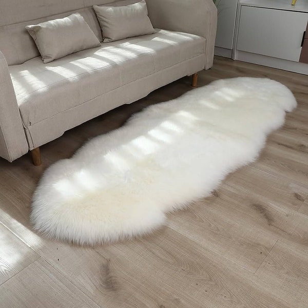 Grand tapis en fourrure de mouton véritable blanc ivoire, grand tapis en peau de mouton, 2 pi x 6 pi, tapis australien en fourrure de mouton 2 peaux