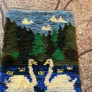 Scandinavian Shaggy Rug Plush Rya Oriental wallhanging Swan Couple Green and blue white Wool Rug Desso Rya Rug- SAME AS PICTURE 90 x 60 Cm