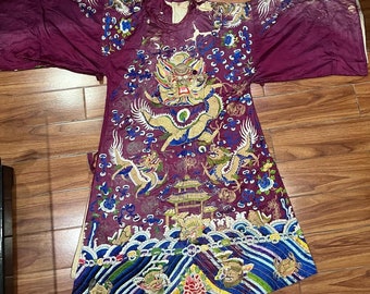 Antique Chinese Imperial Nine Dragon" Embroidered Silk Semi formal Jifu Court ROBE, DYNASTY, CIRCA 1900, 30 x 70 cm Same As Picture Selling