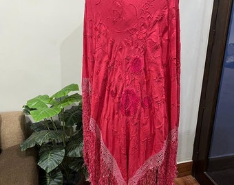Antique Red Silk ground Red Embroidery Piano Shawal Flower  133 x 125 cm Decor Item Sale