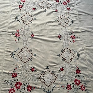 Beautiful Vintage Handmade Cross Stitch and Burano lace Tablecloth  Rectangular. colorfully Flower Garden white cotton , gift for mom SALE