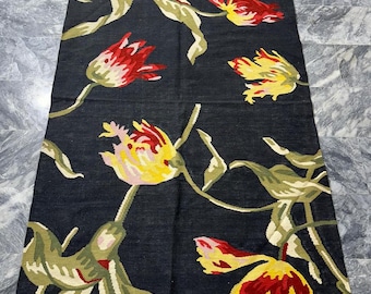 Handmade Vintage Swedish flatweave Rug  interior Floral Traditional Figural Kilim Floor Carpet Rugs gift to Her 195 x 130 cm Same As Picture