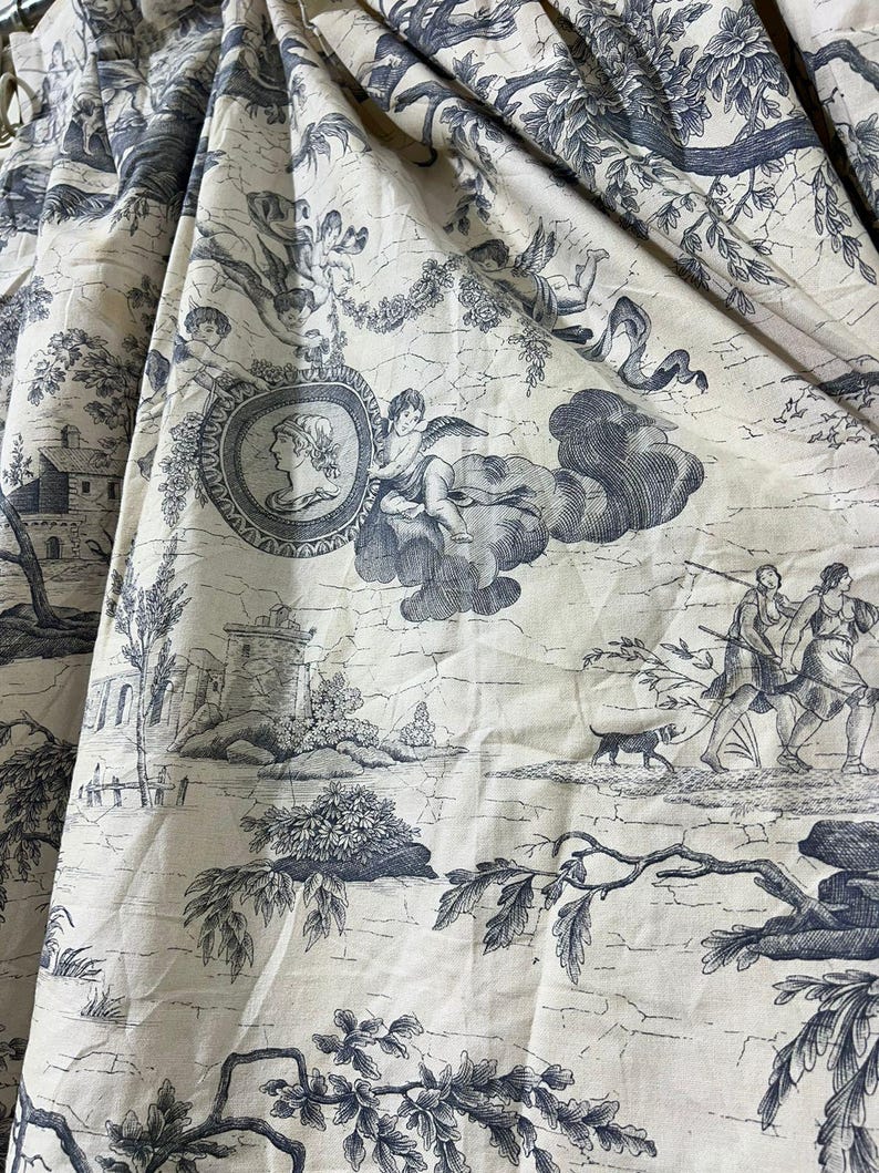 Set of 2 Modern Vintage Blue Toile Pattern Washed Linen Curtain Tan ...