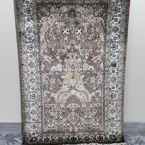 Kashmiri Hand-Woven Silk Carpet. Tree of Life Design Rug  Handmade Knotted Rug, Wall Hanging Home Decor Rug 180 x 120 Cm Sale Stylisy Rug