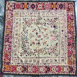 アンティーク中国刺繍パネル 清シルク 1800 年代 動物刺繍 リビングルーム用装飾 - 愛への贈り物 アドベントカレンダー 60 x 60 cm
