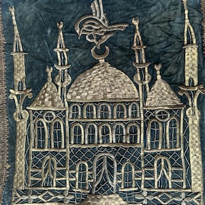 Antique Set of Two Ottoman Empire Hagia Sophia  Silver Metallic Valvet Embroidery Ottoman Tughra Metallic Thread Turkish 19c 38 x 34 cm