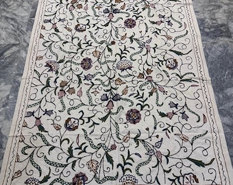 Handmade Vintage Crewel work Colorful embroidered wool textile curtain bedcover bedspread coverlet fabric material 230 x 145 cm  Gift Her