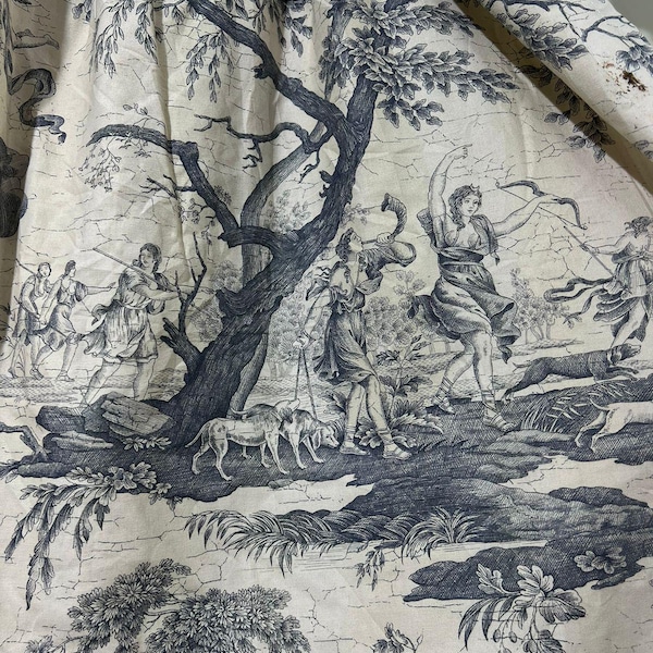 Set of 2 Modern Vintage Blue Toile Pattern Washed Linen Curtain Tan OatmealDrapery Panel Fabric Wall Curtans Same As Picture