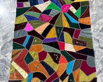 ★ヴィンテージ★ パッチワーク　ベッドカバー　サイケ　ヒッピー　レア！ 使い古したアンティーク 1880 年代ビクトリア朝クレイジーキルト