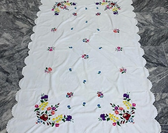 Handmade embroidery Table Cloth, Vintage,Kalocsa, Hungary, handmade lace, hand embroidered colorfully Flower Garden white cotton 200 x 120Cm