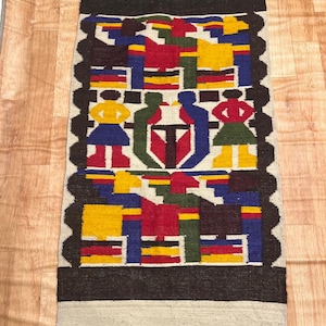 ANTIQUE Mexican pictoral FlatWeave With Motifs of People and Animals Rugs,WallHanging, Wall Decor gift to Her - Same As Picture  170 x 90 cm