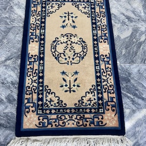 Prachtig Tibetaans vinatge-tapijt, vinatge-tibettapijt zachte wol Dit handgemaakte lamswollen tapijt is van een Tibetaans tapijt van 110 x 65 cm kerstcadeau