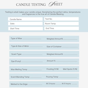 May include: A candle testing sheet with a light blue background and white text. The sheet includes sections for candle name, date, and test results, designed for detailed fragrance and performance analysis.