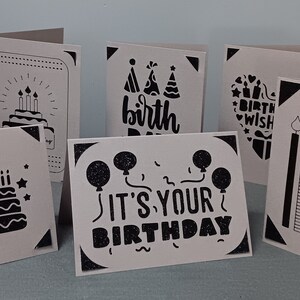 Toque pessoal: cartões de aniversário variados - cinza e glitter preto (3,5 x 4,9 polegadas, interior em branco)