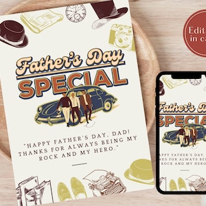Vatertagskarte - Retro-Karte, personalisierte glückliche Vatertagsgeschenkkarte, Vintage Vatertagsgeschenk druckbare Vorlage | Vatertag digitaler Download