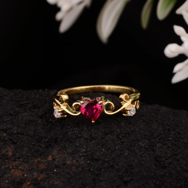 Dainty Ruby Ring, Engagement Ring, Minimalist Ring, Gold Heart Ring, Silver Heart Ring, Promise Ring, Birthstone Stacking Ring, Gift for Her