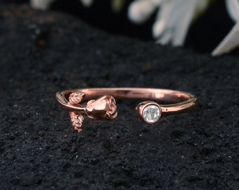 Diamond Rose Flower Ring, 925 Sterling Silver Ring, Minimalist Rose Ring, Flower Ring, Gift for Her, Love Ring, Stackable Ring, Promise Ring