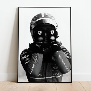 Impresión digital en blanco y negro de Fórmula Uno de Charles Leclerc Ferrari. Regalo para fanáticos de la Fórmula Uno. Escudería Ferrari