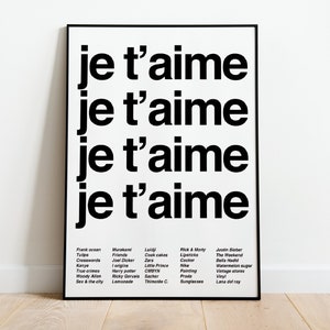 Plakat Je T'aime, Minimalistyczny czarno-biały obraz ikoniczny francuski Kocham cię