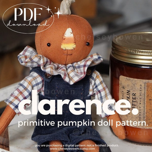 Primitive Pumpkin Doll Pattern PDF - Téléchargement instantané CLARENCE la poupée citrouille Royaume-Uni, fait à la main, motif de couture citrouille décoration poupée prim