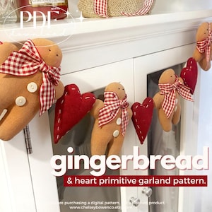 May include: A garland featuring gingerbread men and red heart shapes. The gingerbread men have white button accents and are adorned with red and white checkered bows. The hearts are a deep red color. The word "gingerbread" is displayed in large letters.