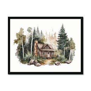Póster de cabaña en el bosque / Arte de cabaña en acuarela / Decoración de pared natural / Impresión de paisaje tranquilo / Póster de serenidad natural