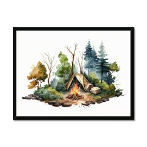 Póster de acampada en acuarela / Impresión de tienda de campaña y fuego en el bosque / Arte mural natural / Aventura en la naturaleza / Póster de serenidad natural